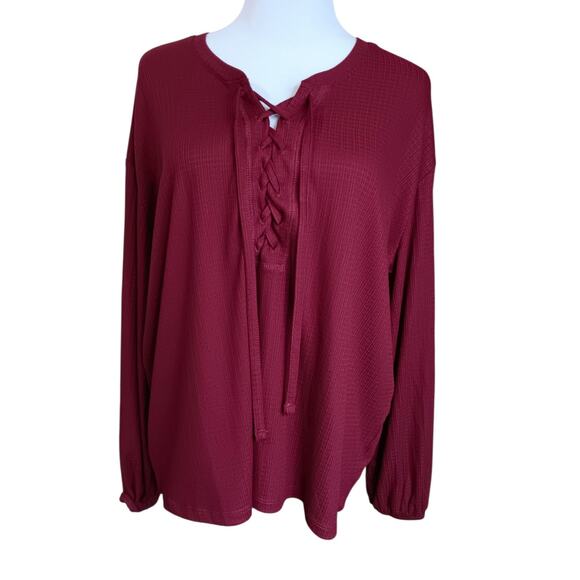 NEW TORRID 0 Blouse Top 12 Large Burgundy Boho Peasant Criss Cross Laces V-Neck - Picture 6 of 7